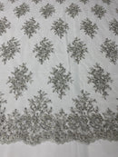 Floral Cluster Beads - Silver White Mesh - Embroidered Beaded Flower Design Fabric on Mesh