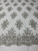 Floral Cluster Beads - Silver White Mesh - Embroidered Beaded Flower Design Fabric on Mesh