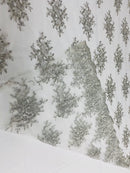 Floral Cluster Beads - Silver White Mesh - Embroidered Beaded Flower Design Fabric on Mesh