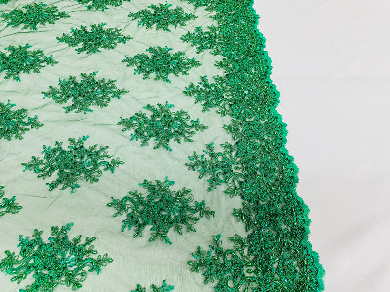 Floral Cluster Beads - Emerald Green - Embroidered Beaded Flower Design Fabric on Mesh
