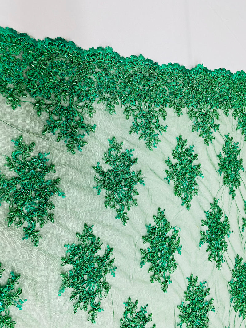 Floral Cluster Beads - Emerald Green - Embroidered Beaded Flower Design Fabric on Mesh