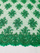Floral Cluster Beads - Emerald Green - Embroidered Beaded Flower Design Fabric on Mesh