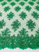 Floral Cluster Beads - Emerald Green - Embroidered Beaded Flower Design Fabric on Mesh