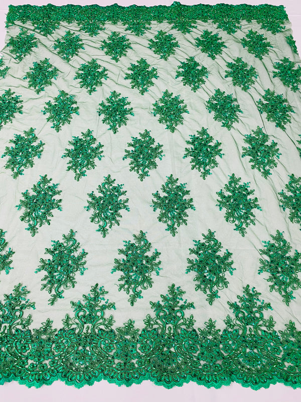 Floral Cluster Beads - Emerald Green - Embroidered Beaded Flower Design Fabric on Mesh