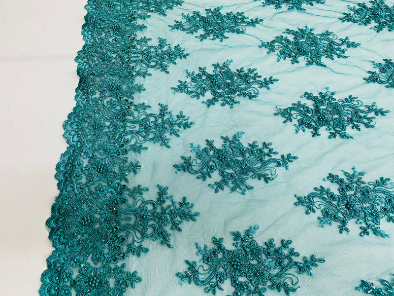 Floral Cluster Beads - Teal Blue - Embroidered Beaded Flower Design Fabric By Yard