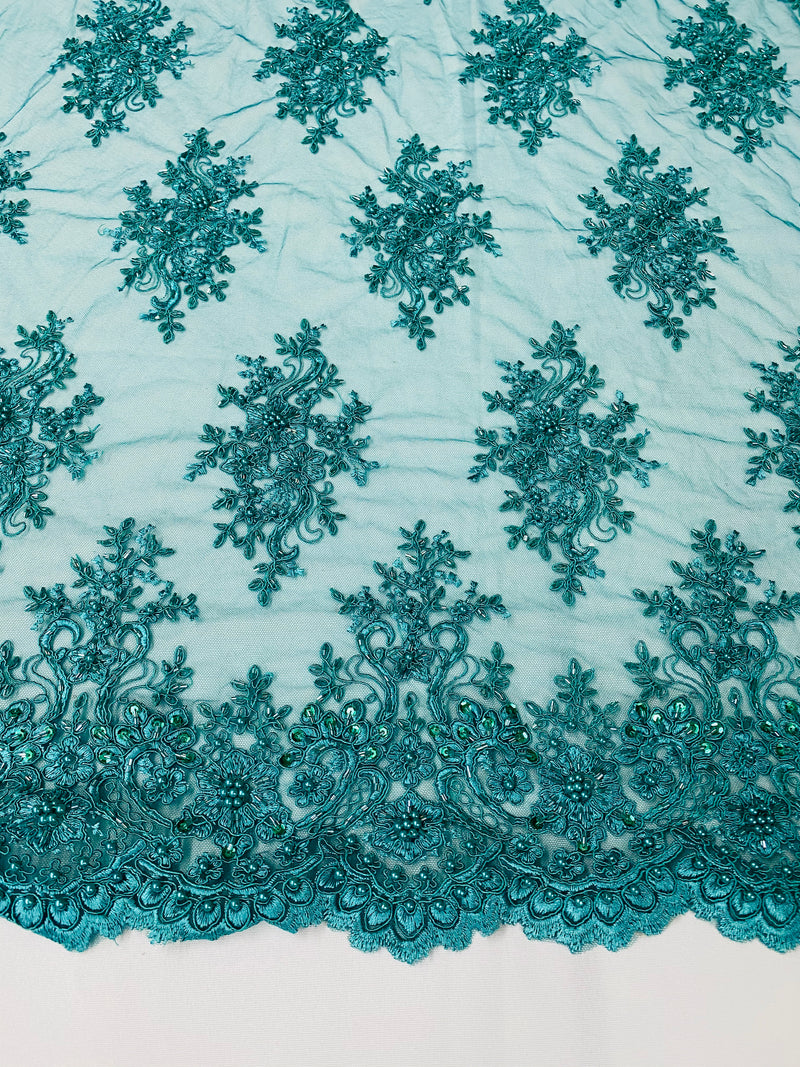 Floral Cluster Beads - Teal Blue - Embroidered Beaded Flower Design Fabric By Yard