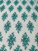Floral Cluster Beads - Teal Blue - Embroidered Beaded Flower Design Fabric By Yard