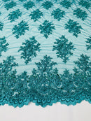 Floral Cluster Beads - Teal Blue - Embroidered Beaded Flower Design Fabric By Yard