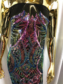 Iridescent Rainbow - 4 Way Stretch Embroidered Royalty Sequins Design Fabric By Yard