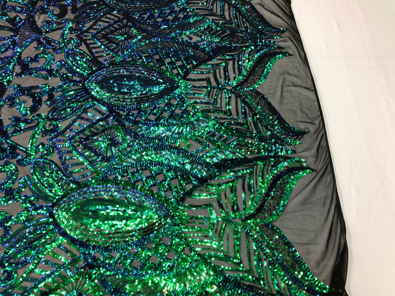Iridescent Green - 4 Way Stretch Embroidered Royalty Sequins Design Fa