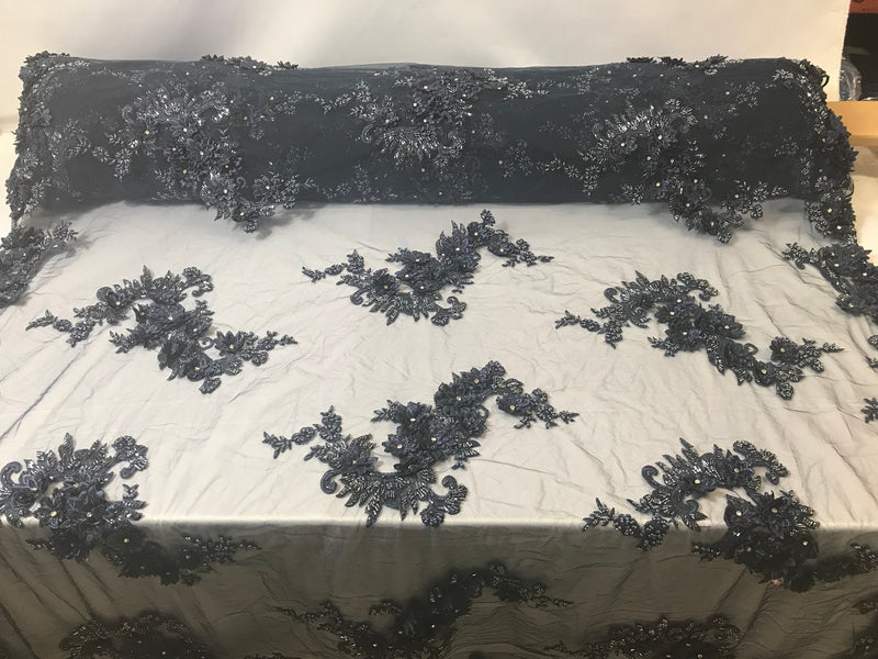 Floral - Navy - 3D Beaded Embroidery Fabric with Rhinestones - Beautiful Design by The Yard