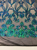 Damask Hearts Sequins - Iridescent Jade Green Blue - 4 Way Stretch Design Fancy Fabric On Mesh