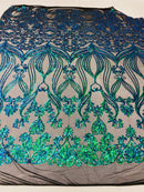 Damask Hearts Sequins - Iridescent Jade Green Blue - 4 Way Stretch Design Fancy Fabric On Mesh