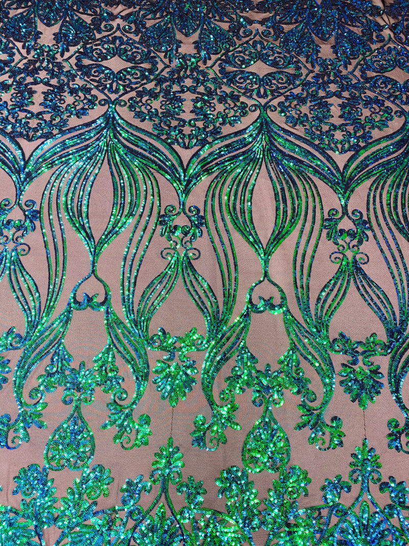 Damask Hearts Sequins - Iridescent Jade Green Blue - 4 Way Stretch Design Fancy Fabric On Mesh