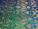 Damask Hearts Sequins - Iridescent Jade Green Blue - 4 Way Stretch Design Fancy Fabric On Mesh