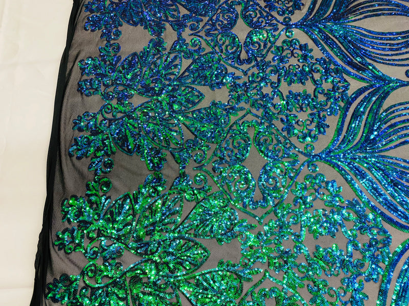 Damask Hearts Sequins - Iridescent Jade Green Blue - 4 Way Stretch Design Fancy Fabric On Mesh