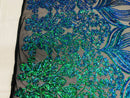 Damask Hearts Sequins - Iridescent Jade Green Blue - 4 Way Stretch Design Fancy Fabric On Mesh
