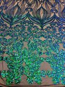 Damask Hearts Sequins - Iridescent Jade Green Blue - 4 Way Stretch Design Fancy Fabric On Mesh