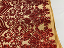 Damask Hearts Sequins - Dark Red - 4 Way Stretch Design Fancy Fabric On Mesh