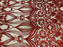Damask Hearts Sequins - Dark Red - 4 Way Stretch Design Fancy Fabric On Mesh