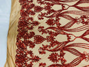 Damask Hearts Sequins - Dark Red - 4 Way Stretch Design Fancy Fabric On Mesh