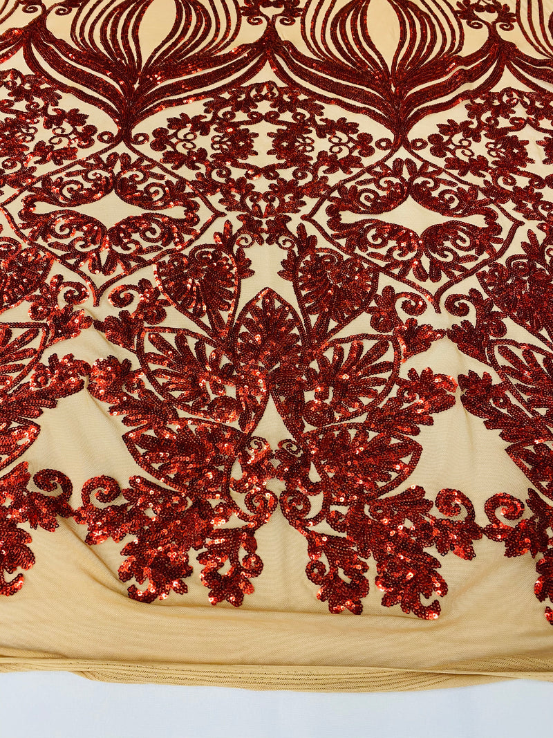 Damask Hearts Sequins - Dark Red - 4 Way Stretch Design Fancy Fabric On Mesh