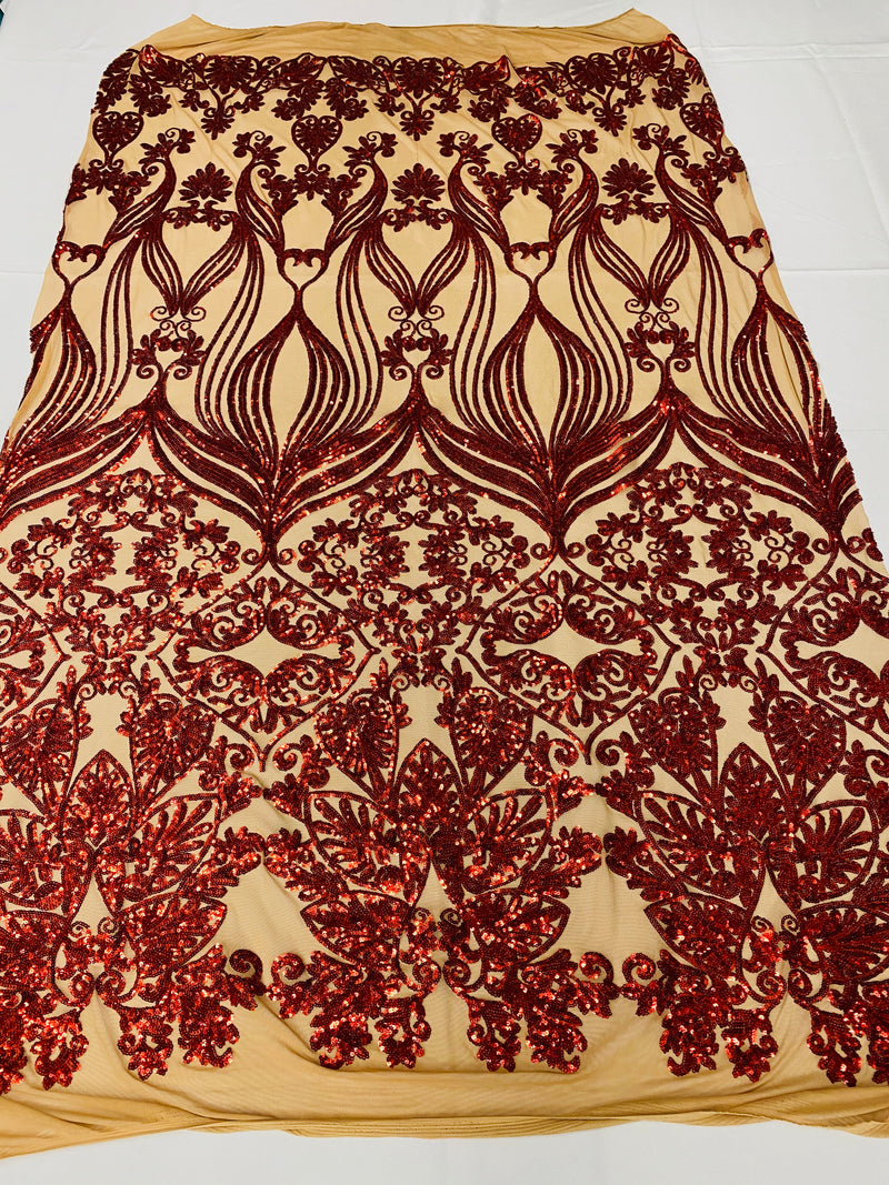 Damask Hearts Sequins - Dark Red - 4 Way Stretch Design Fancy Fabric On Mesh