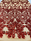 Damask Hearts Sequins - Dark Red - 4 Way Stretch Design Fancy Fabric On Mesh