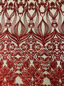 Damask Hearts Sequins - Dark Red - 4 Way Stretch Design Fancy Fabric On Mesh
