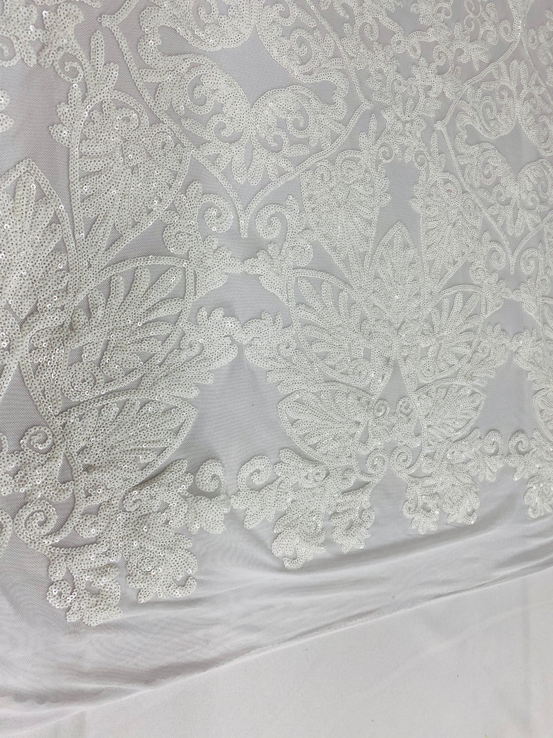 Damask Hearts Sequins - White - 4 Way Stretch Design Fancy Heart Shape Fabric On Mesh