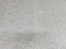 Damask Hearts Sequins - White - 4 Way Stretch Design Fancy Heart Shape Fabric On Mesh