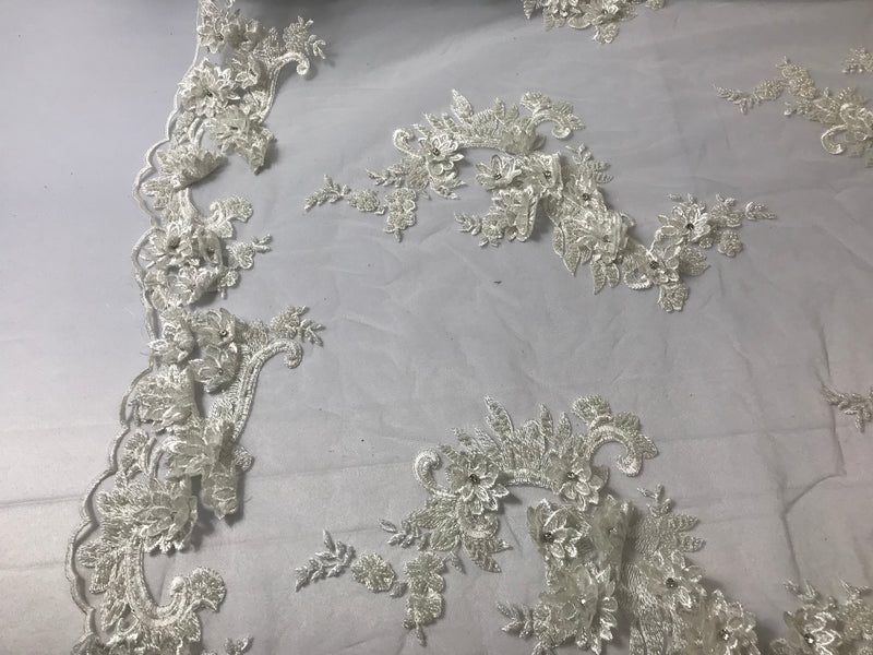 Floral - Off-White - 3D Beaded Embroidery Fabric with Rhinestones - Beautiful Design by The Yard
