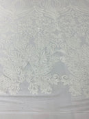 Damask Hearts Sequins - White - 4 Way Stretch Design Fancy Heart Shape Fabric On Mesh