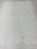 Damask Hearts Sequins - White - 4 Way Stretch Design Fancy Heart Shape Fabric On Mesh