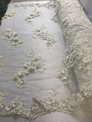 Floral - Off-White - 3D Beaded Embroidery Fabric with Rhinestones - Beautiful Design by The Yard