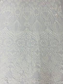 Damask Hearts Sequins - White - 4 Way Stretch Design Fancy Heart Shape Fabric On Mesh
