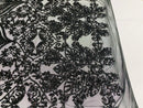 Damask Hearts Sequins - Black - 4 Way Stretch Design Fancy Heart Shape Fabric On Mesh