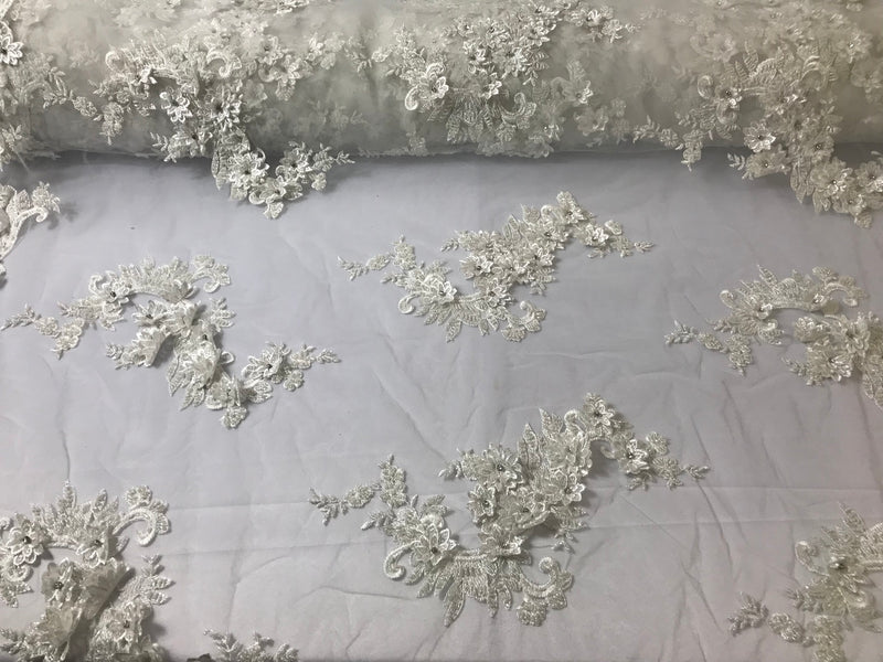 Floral - Off-White - 3D Beaded Embroidery Fabric with Rhinestones - Beautiful Design by The Yard