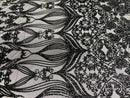 Damask Hearts Sequins - Black - 4 Way Stretch Design Fancy Heart Shape Fabric On Mesh