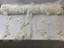 Floral - Off-White - 3D Beaded Embroidery Fabric with Rhinestones - Beautiful Design by The Yard