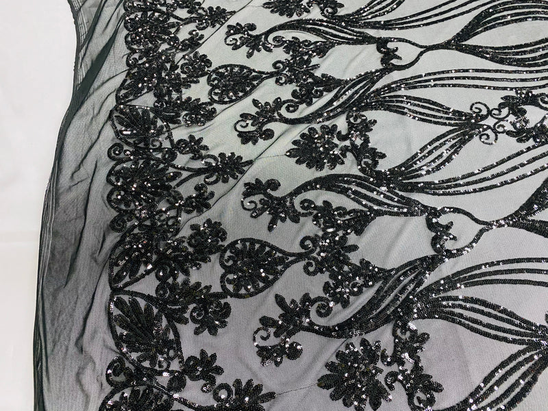 Damask Hearts Sequins - Black - 4 Way Stretch Design Fancy Heart Shape Fabric On Mesh