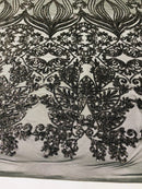 Damask Hearts Sequins - Black - 4 Way Stretch Design Fancy Heart Shape Fabric On Mesh