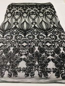 Damask Hearts Sequins - Black - 4 Way Stretch Design Fancy Heart Shape Fabric On Mesh