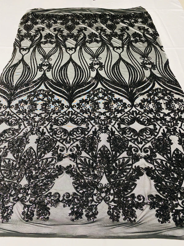 Damask Hearts Sequins - Black - 4 Way Stretch Design Fancy Heart Shape Fabric On Mesh