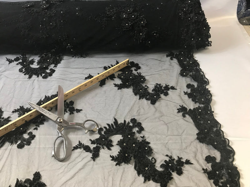 Floral - Black - 3D Beaded Embroidery Fabric with Rhinestones - Beautiful Design by The Yard