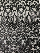 Damask Hearts Sequins - Black - 4 Way Stretch Design Fancy Heart Shape Fabric On Mesh
