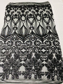 Damask Hearts Sequins - Black - 4 Way Stretch Design Fancy Heart Shape Fabric On Mesh