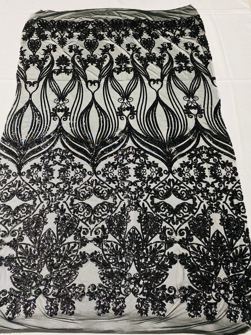 Damask Hearts Sequins - Black - 4 Way Stretch Design Fancy Heart Shape Fabric On Mesh