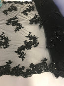 Floral - Black - 3D Beaded Embroidery Fabric with Rhinestones - Beautiful Design by The Yard