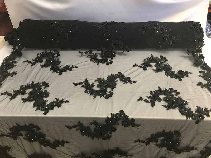 Floral - Black - 3D Beaded Embroidery Fabric with Rhinestones - Beautiful Design by The Yard